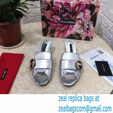 Dolce  &  Gabbana Heel 6.5cm Leather Sliders Silver With Baroque D & G Logo 2021